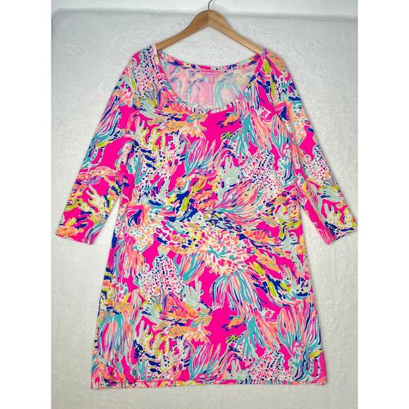 Lilly Pulitzer Devon Dress Tiki Pink Sunken Treasure Jersey Stretch Preppy sz L - Picture 1 of 7